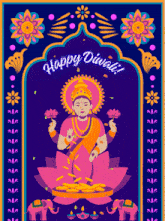 a happy diwali greeting card with a woman on a lotus