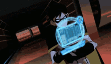 a cartoon character is holding a device that says ' robin ' on it 's screen .
