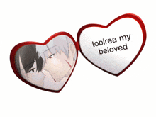 two heart shaped glasses with the words tobirea my beloved written on them