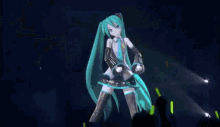 a cartoon character with green hair and blue wings is dancing on stage