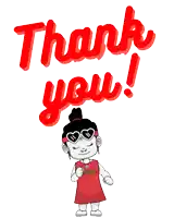 a cartoon girl wearing sunglasses and a red dress says thank you