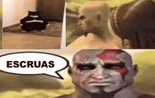 a picture of a cat and a man with a speech bubble that says escuras