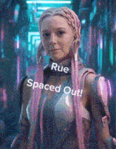 a woman with pink dreadlocks is wearing a robot outfit and says rue spaced out !