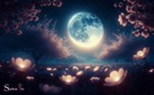 a full moon is shining brightly in the night sky over a body of water surrounded by trees and flowers .