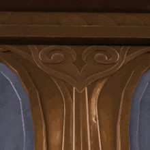 a girl in a brown coat is standing in a room with columns