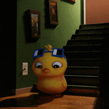 a cartoon duck is standing in a hallway next to stairs and a wall with pictures on it