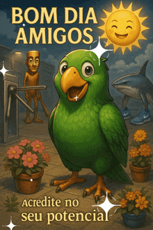 a green parrot with the words bom dia amigos written on it