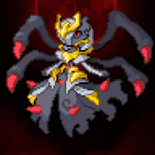 a pixel art drawing of a spider with red claws .