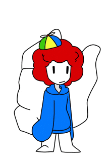 a cartoon character wearing a blue hoodie and a colorful hat