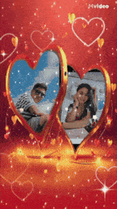 a picture of a boy and a girl in heart shaped frames surrounded by hearts