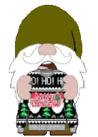 a gnome is wearing a sweater that says merry christmas on it .
