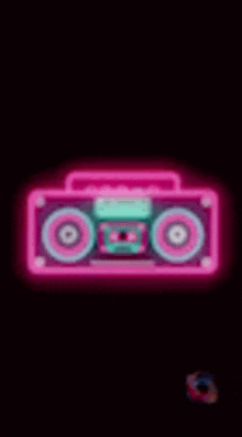 a neon sign of a boombox with a cassette tape on a black background .