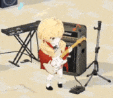 a girl is playing a guitar in front of an amplifier that says fixtime