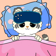 a cartoon of a cat wearing a sleep mask laying in bed