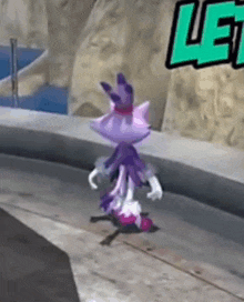 blaze the cat from sonic the hedgehog is standing on the sidewalk .