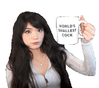 a woman is holding up a mug that says world 's smallest cock