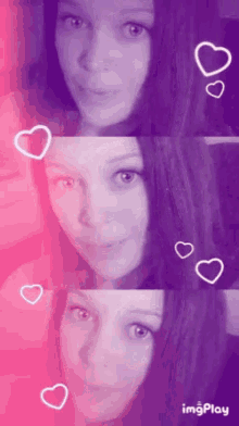 a woman 's face is surrounded by pink and purple hearts on a pink background