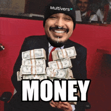 a man in a suit and tie is holding stacks of money with the word money below him
