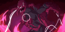 a cartoon character is flying through the air in a red and black suit with a purple background .