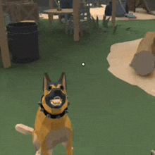 a low poly dog with spikes on its collar is standing on a grassy field in a video game .