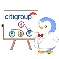 a penguin is standing next to a white board that says citi