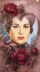 a painting of a woman surrounded by roses and a heart