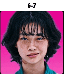 a close up of a woman 's face with a pink background and the number 6-7 below her