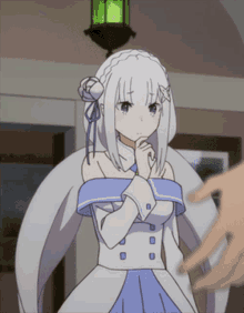 a girl with white hair and purple eyes is standing in front of a green light