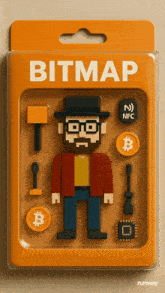 a box with a man in a hat and glasses and the word bitmap on it