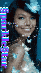 a picture of a woman with butterflies around her and the words " sparkly star " on the bottom