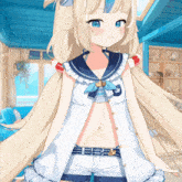 a girl with blonde hair and blue eyes is wearing a sailor outfit and shorts