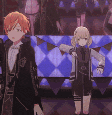 a group of anime characters are dancing in front of a crowd of people