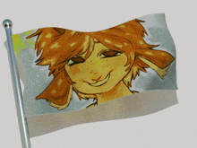 a waving flag with a drawing of a girl with red hair and freckles
