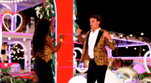 a man in a tuxedo and a woman in a gold top are dancing