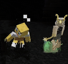 a spongebob and a bee are standing next to each other in a dark cave