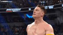 a shirtless wrestler stands in front of a sign that says ' thekamdreesen '