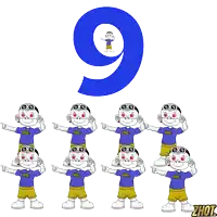 the number 9 is surrounded by monkeys wearing t-shirts that say zhot