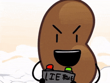 a cartoon drawing of a bean with a clock and a can that says true on it