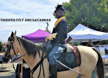 a man riding a horse with the words trooper ivey and savannah written below him