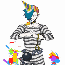 a man wearing a party hat and chains is surrounded by colorful confetti