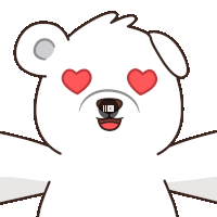 a cartoon drawing of a white teddy bear with red hearts in his eyes