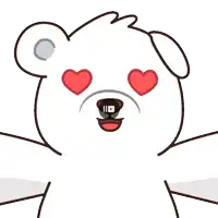 a cartoon drawing of a white teddy bear with red hearts in his eyes