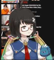a girl with glasses and a tie is holding a stuffed animal in front of a collage of pictures