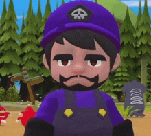 a cartoon character with a beard and mustache wearing a purple hat .