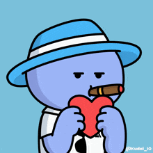 a cartoon character wearing a blue hat eating a piece of pizza