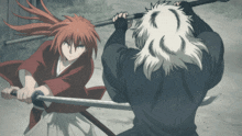 a man with long white hair is holding a sword