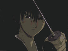 a man with red hair is holding a sword with a purple blade