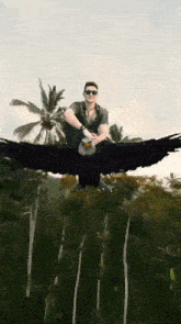 a man sitting on top of a bald eagle with its wings spread