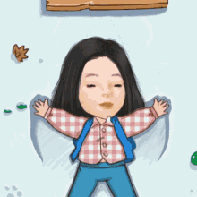 a cartoon of a boy laying in the snow next to a wooden sign that says hello
