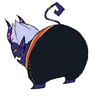 a drawing of a purple monster with horns and a tail on a white background